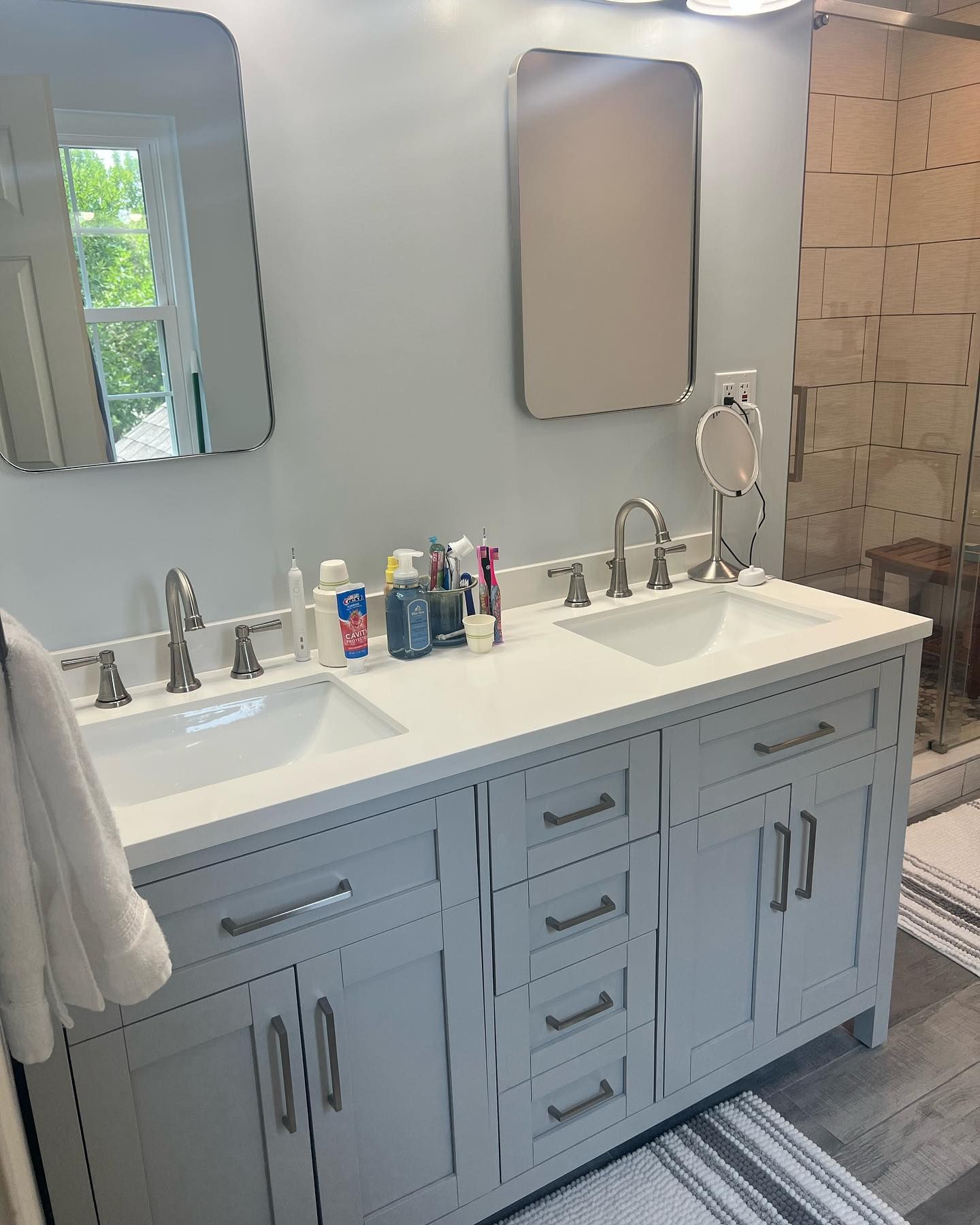 Double-vanity bathroom left spotless